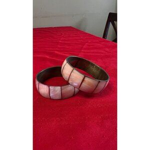 Pair Vintage MOP Pink Shell Inlay Brass wide Bangles Boho Chic MCM Glam chunky